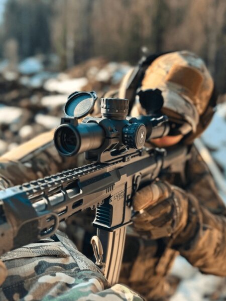 Trăgătorul în haine de camuflaj țintind prin luneta Vortex Optics de pe pușca de precizie. Foto: Rigad