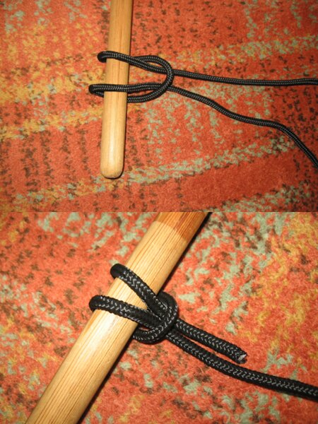 Demonstrație detaliată a legării nodului Prusik pe o tijă de lemn folosind o sfoară neagră. Foto: Rigad