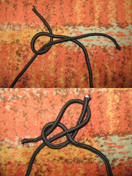 Procedura de legare a nodului dragon din sfoară neagră pe un fundal portocaliu – crearea unei bucle și nodul final.