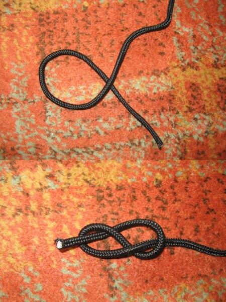 Legarea unui nod în forma cifrei opt din sfoară neagră – buclă treptată și forma finală a cifrei opt