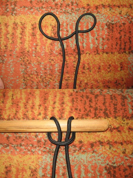 Legarea unui nod strâns dintr-una buclă de sfoară neagră - trecerea în jurul unei bare și strângerea nodului