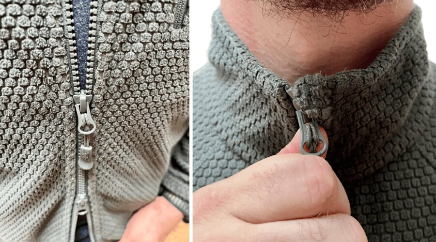 Detalii hanorac Alpha Tactical de la Helikon-Tex: fermoar YKK, clapetă de acoperire, structură în carouri.