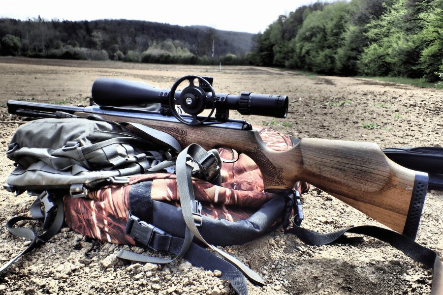 Pușcă cu aer comprimat cu optică sprijinită de rucsac. Sursă: https://pixabay.com/cs/photos/%C4%8F%C3%A1bel-diabols-airgun-zbra%C5%88-air-4944790/