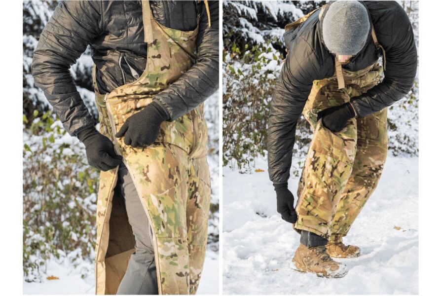 Pantaloni reversibili Sleeka Salopettes Snugpak – fermoar pe toată lungimea piciorului. Deschiderea părții superioare și inferioare a fermoarului lateral. Sursă: L.G. (autor)