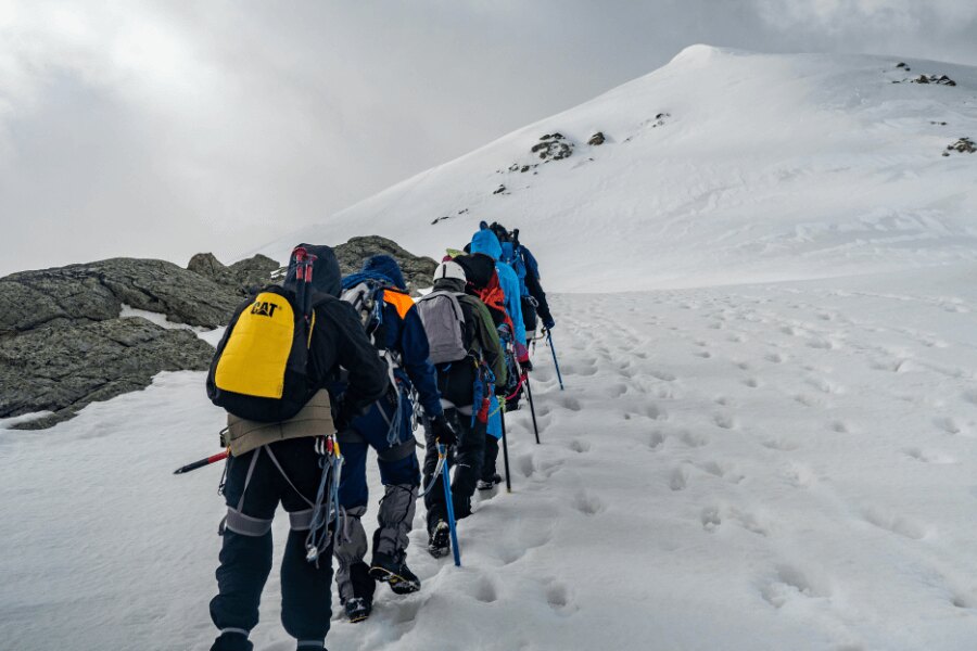 Echipa de alpinism iarna. Sursa: https://www.pexels.com/cs-cz/foto/ryma-studeny-lide-pesi-turistika-10254837/