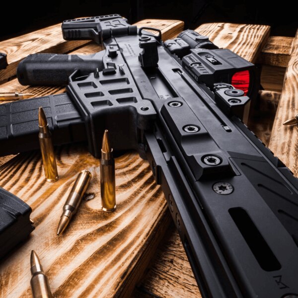 Pușcă tactică echipată cu modul de mărire, colimator și lanternă – vedere a sistemului de montaj lateral. Foto: Rigad