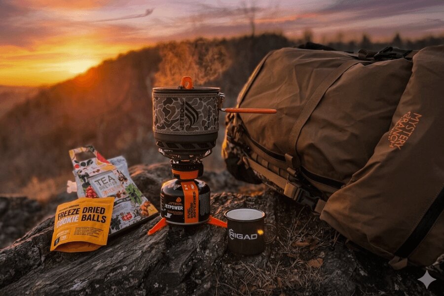 Aragazul de exterior Jetboil la pregătirea mâncării în munți cu gustări și rucsac la apusul soarelui. Foto: Rigad