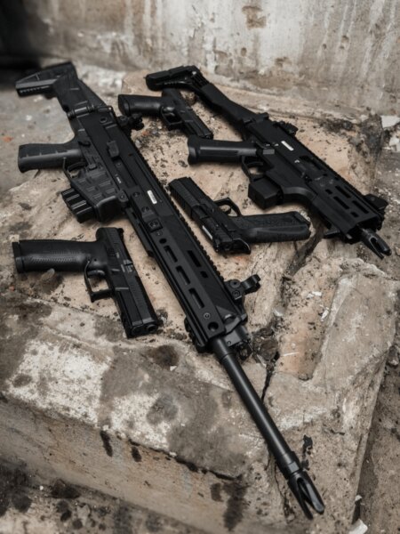 Două mitraliere CZ Scorpion EVO 3 cu pistoale într-un mediu industrial