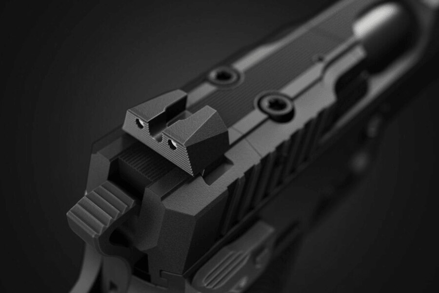 Detalii vizor și partea din spate a închizătorului pistolului CZ Shadow 2 Carry.
