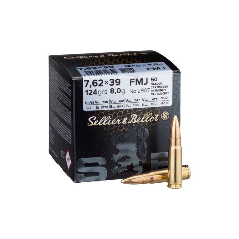 Cartușe FMJ Sellier & Bellot® / 7,62x39 / 8 g - 124 grs / 50 buc
