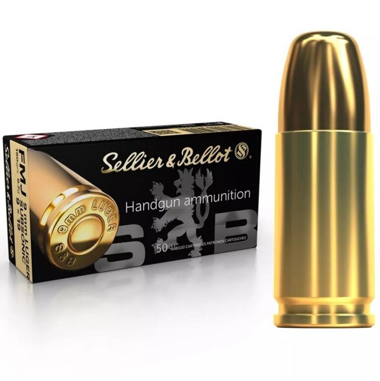 Cartușe FMJ Sellier & Bellot® / 9×19 mm Subsonic / 9,7 g – 150 grs / 50 buc.